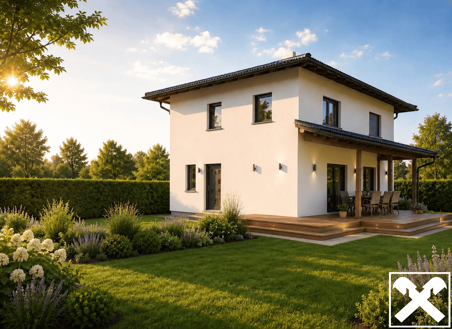 Abendliche Ansicht des modernen Hauses mit überdachter Terrasse und blühendem Garten im warmen Sonnenlicht.
