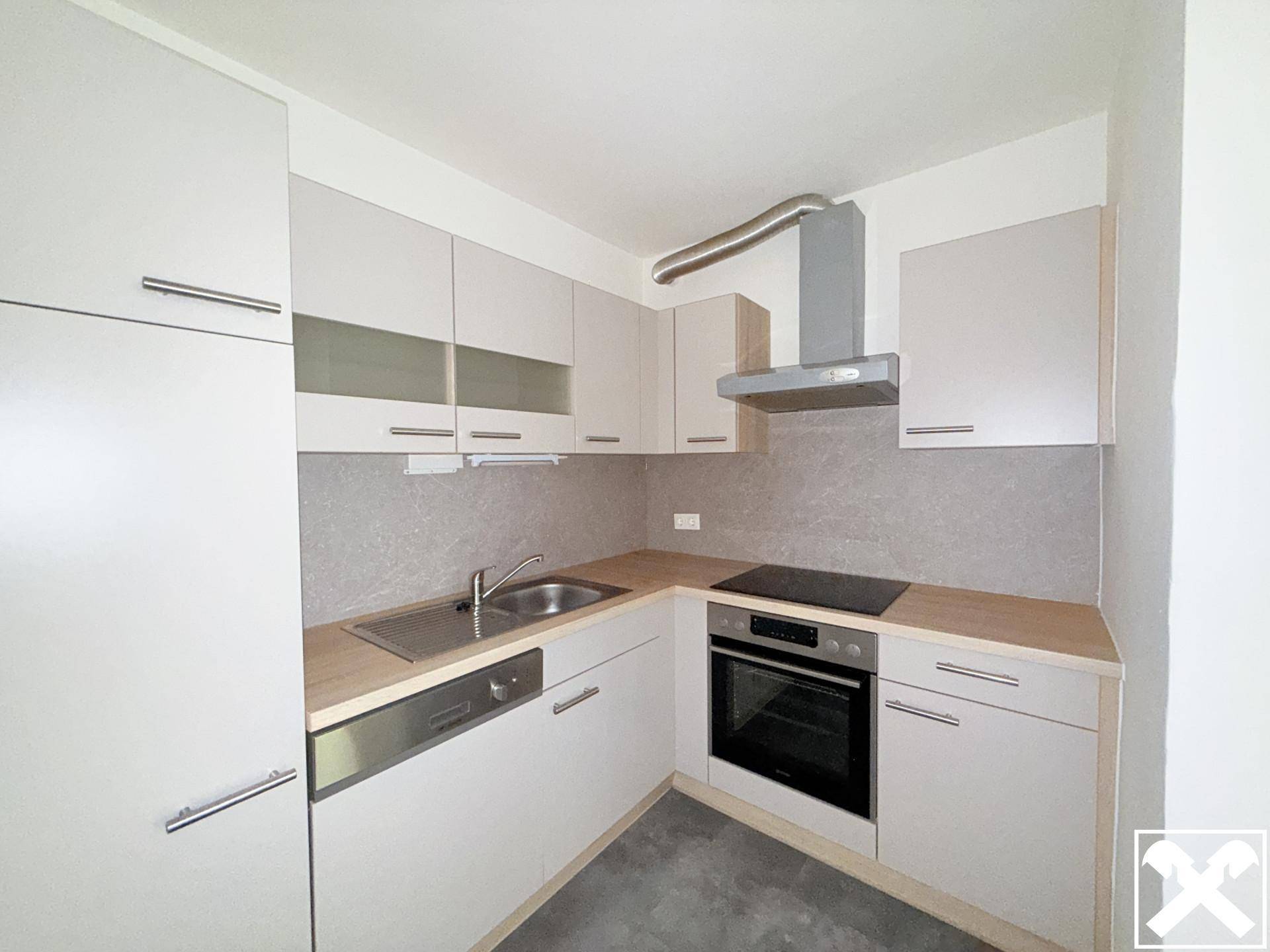 Moderne Einbauküche mit hellgrauen Schränken, Holz-Arbeitsplatte und integrierten Geräten.