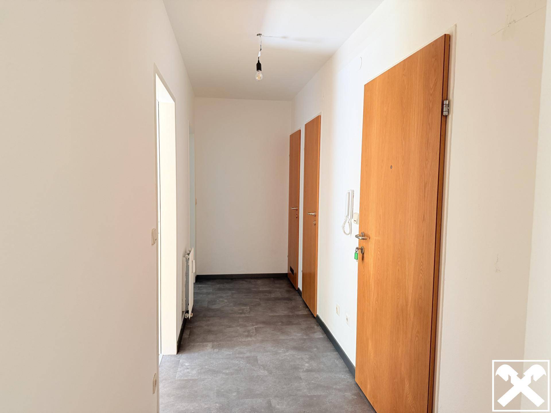Heller Flur mit dunklem Fliesenboden und Holztüren, bietet Zugang zu weiteren Räumen.