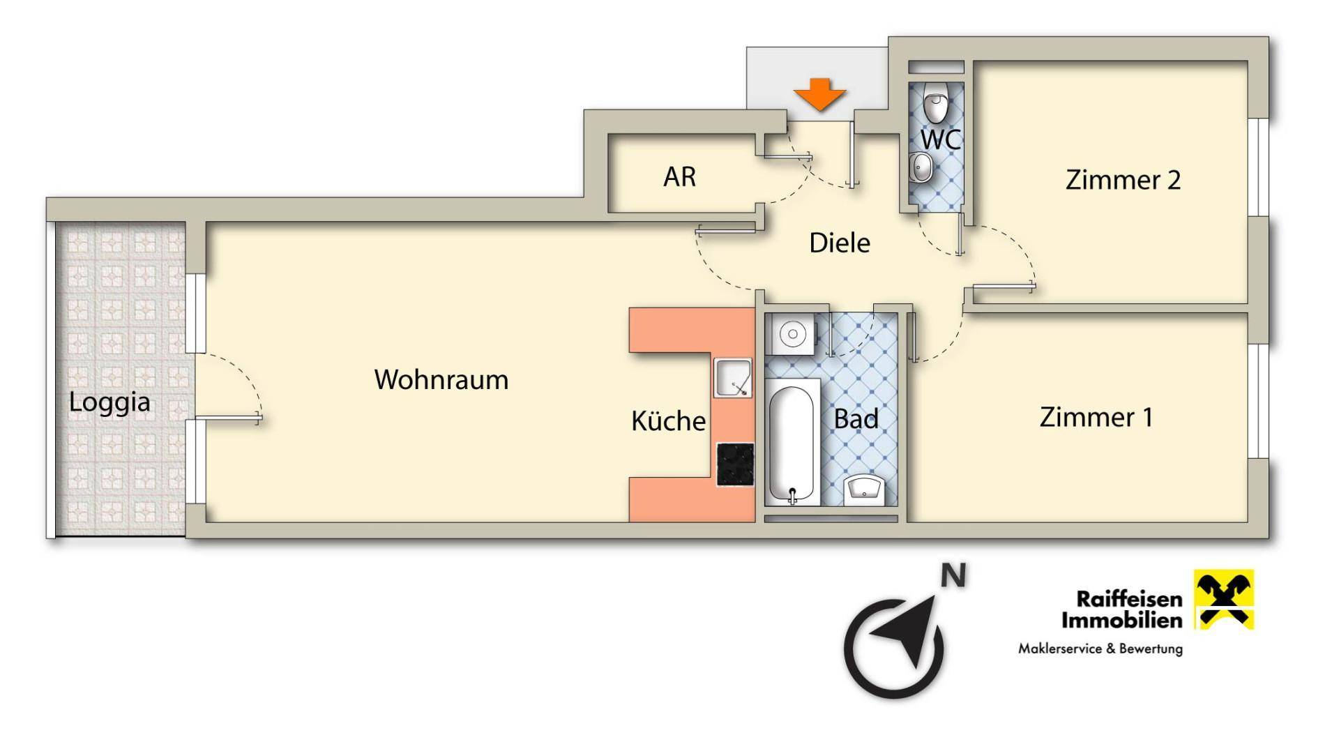 Grundriss der Wohnung mit Wohnraum, Küche, zwei Zimmern, Bad und Loggia.