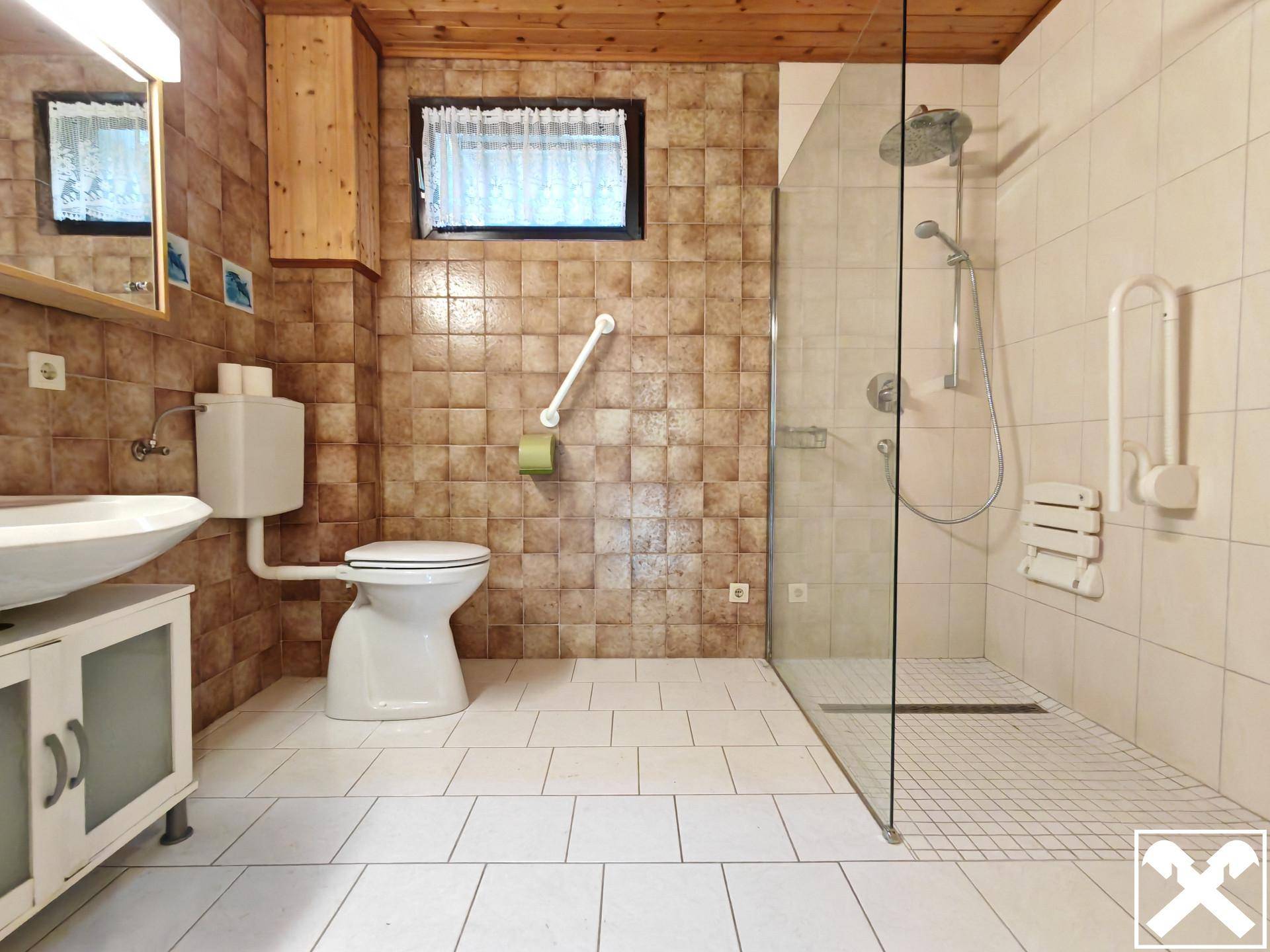Badezimmer mit barrierefreier Dusche, WC und Waschbecken, ausgestattet mit Haltegriffen.