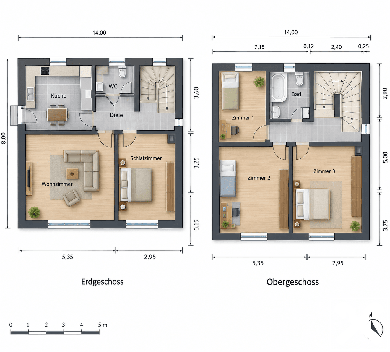 Architekturgrundriss mit Erd- und Obergeschoss