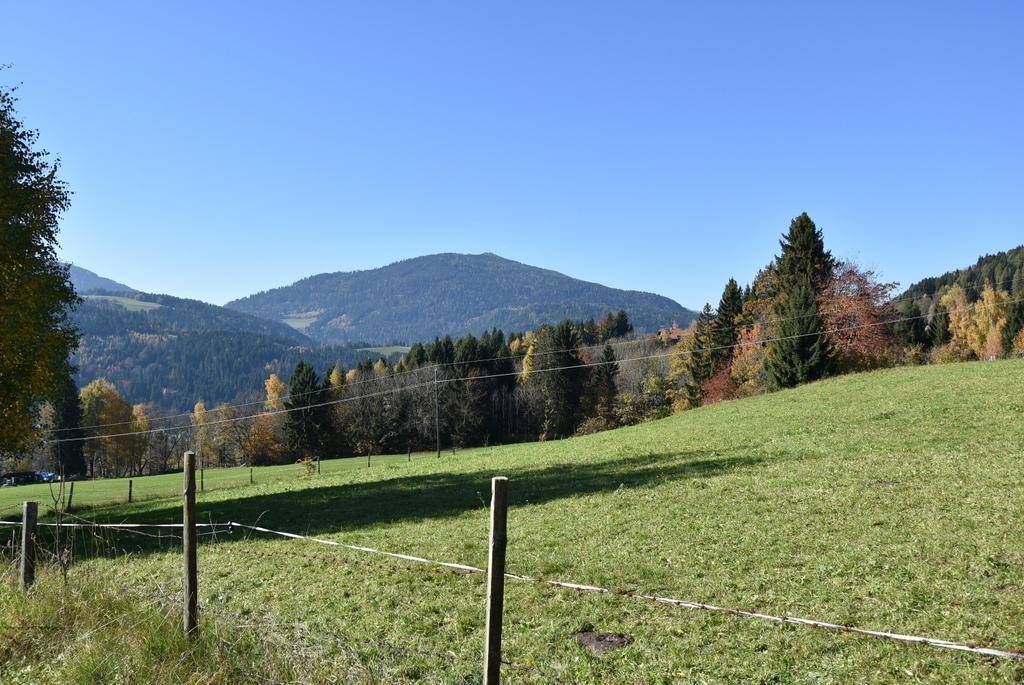 Idyllische Wiesenlandschaft mit Weidezaun und bewaldeten Bergen im Hintergrund unter klarem Herbsthimmel.