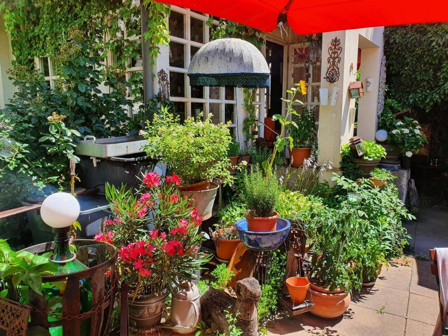 Detailansicht eines üppig bepflanzten Gartenbereichs mit verschiedenen Töpfen und einer roten Markise im Hintergrund.