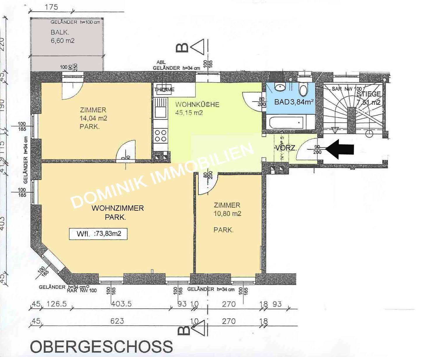 Grundriss des Obergeschosses mit Wohnküche, zwei Zimmern und Bad auf 73,83 m² Wohnfläche.