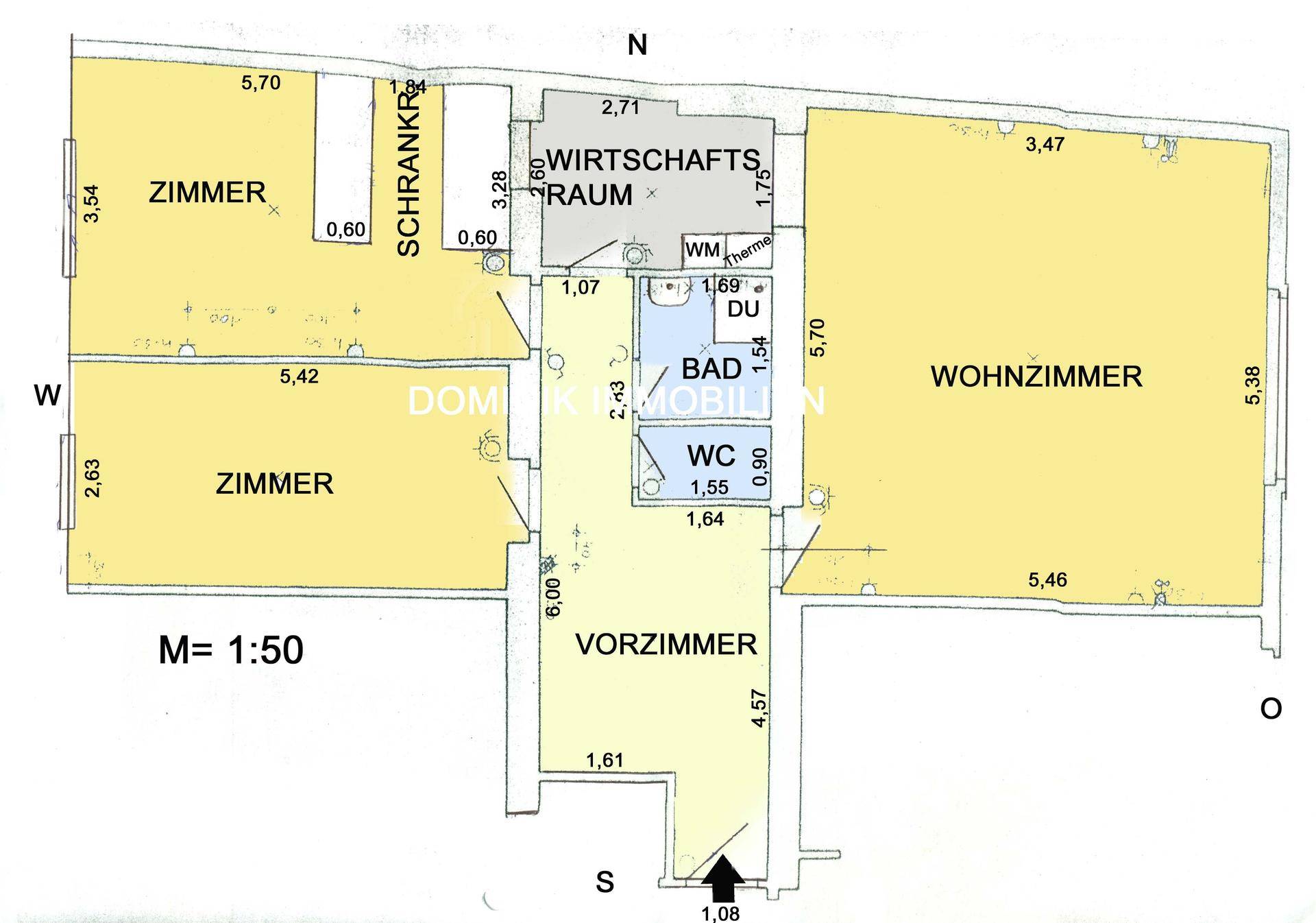 Detaillierter Grundriss der Wohnung mit Zimmern, Bad, WC und Wirtschaftsraum.
