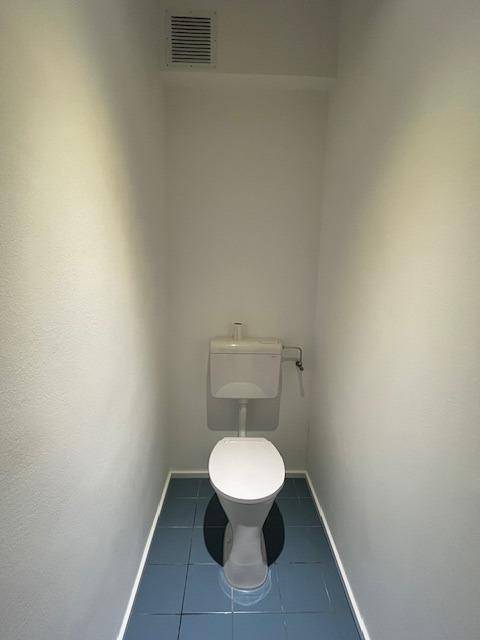 Separates WC mit blauen Bodenfliesen und Wandtoilette.