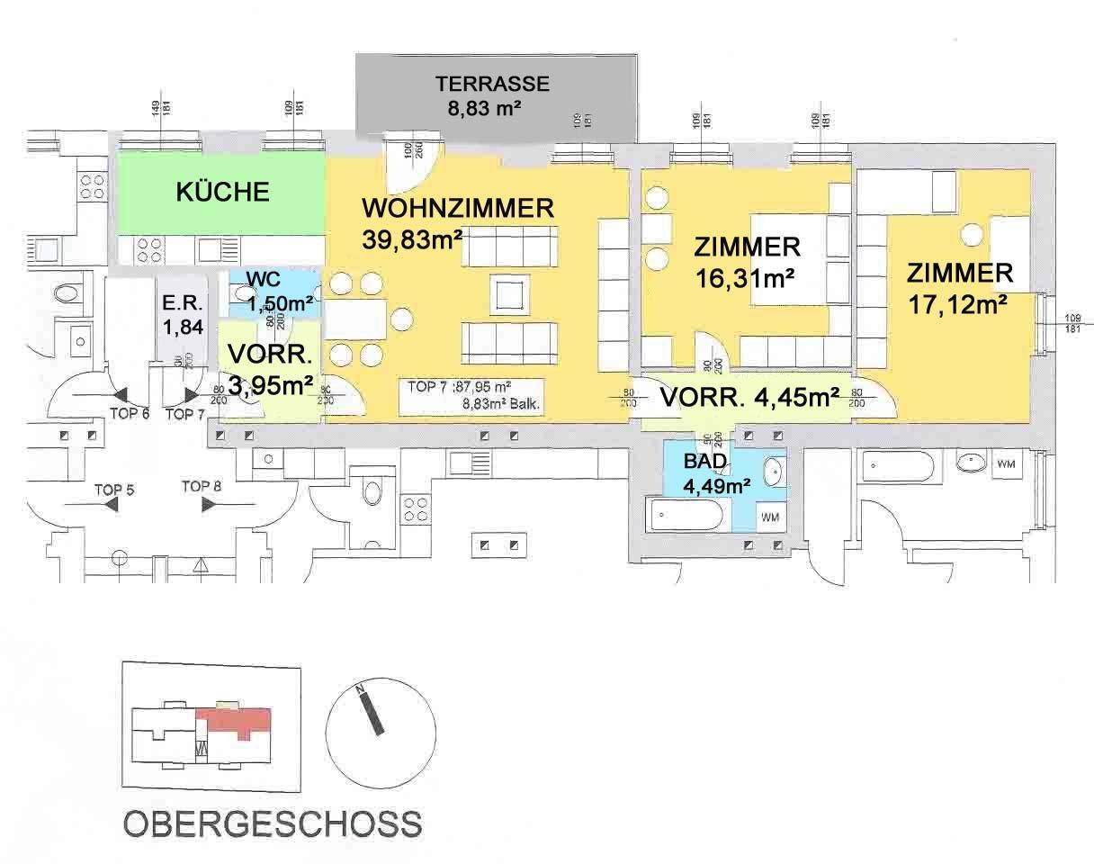 Grundriss des Obergeschosses mit Wohnzimmer, Küche, zwei Zimmern und Terrasse.