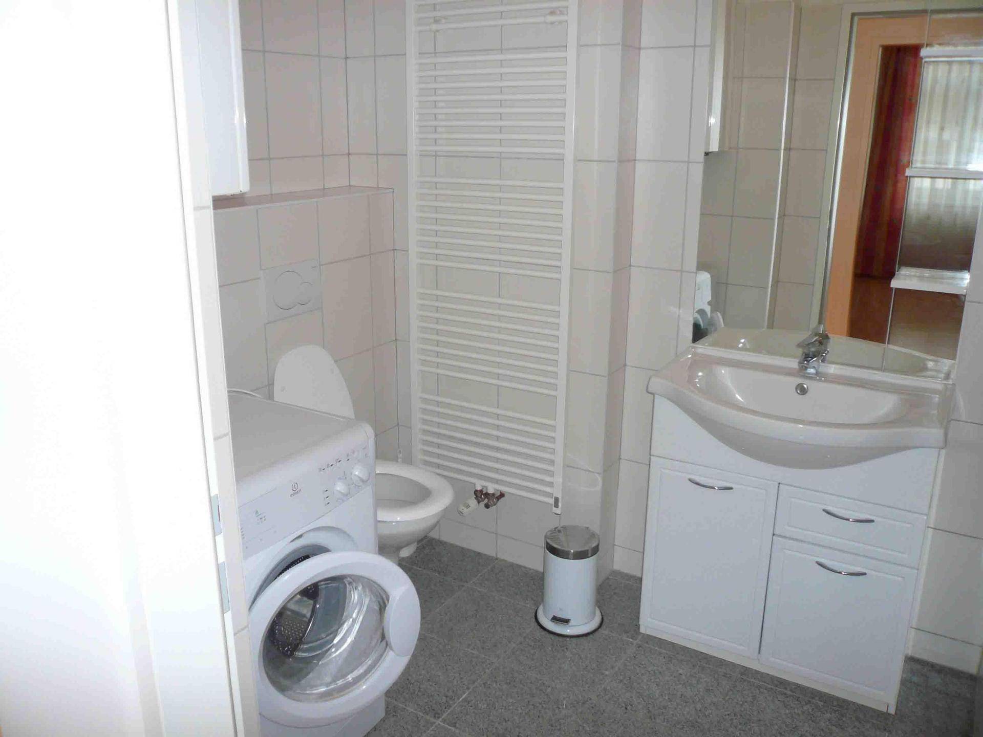 Modernes Badezimmer mit Waschmaschine, WC, Waschbecken und beheiztem Handtuchhalter.