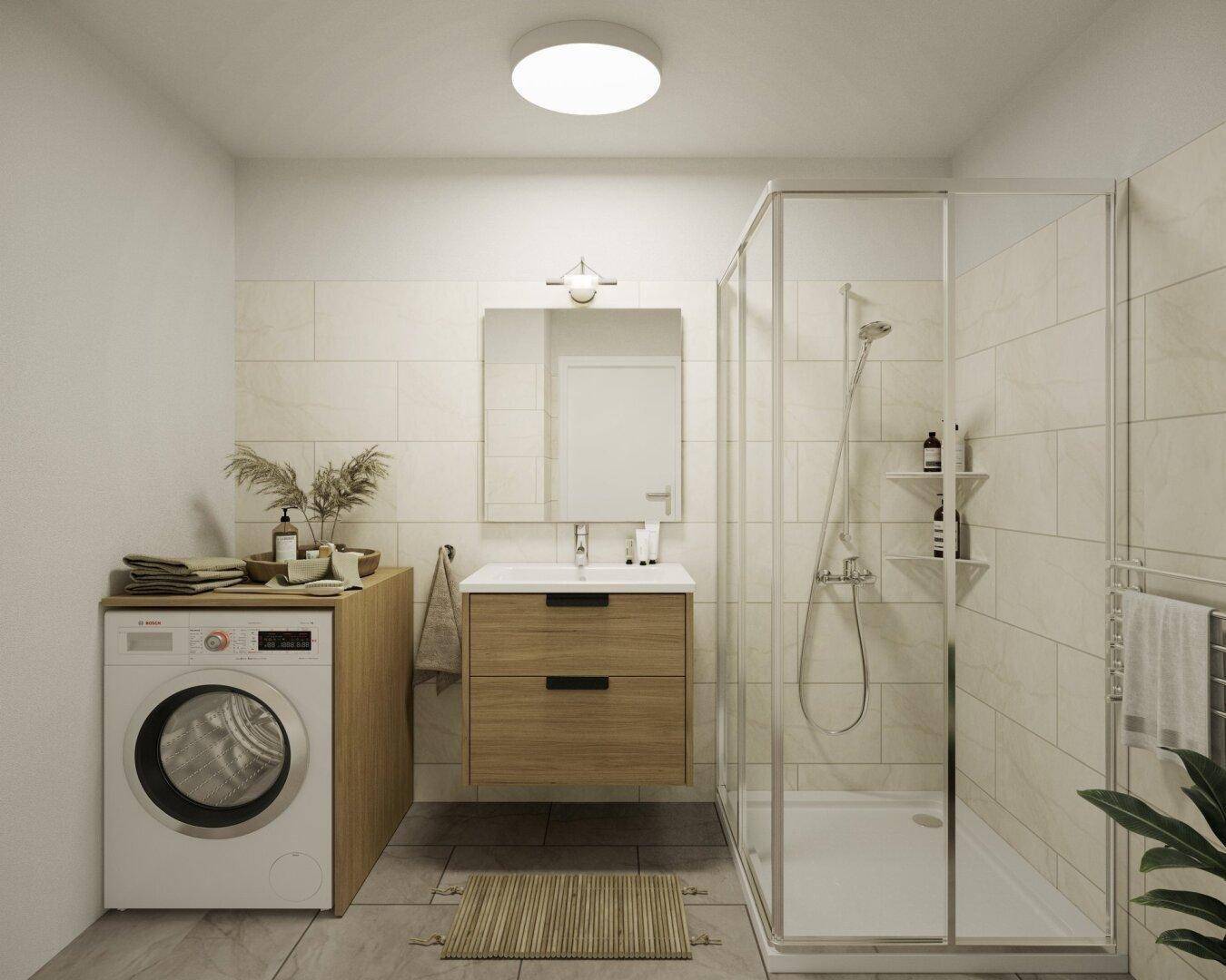 Modernes Badezimmer mit begehbarer Dusche, Waschmaschine und hellem Fliesenboden.