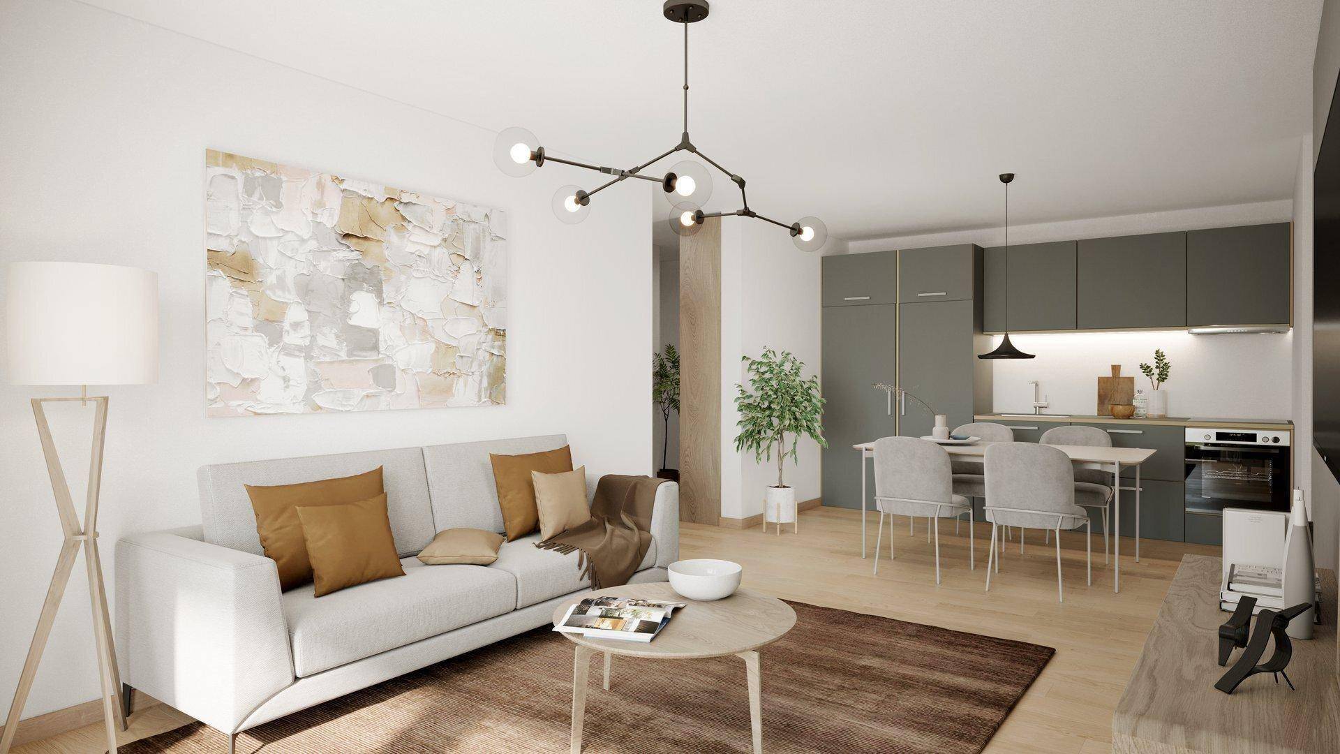 Offener Wohnbereich mit integrierter Küche, Essbereich und modernem Design.