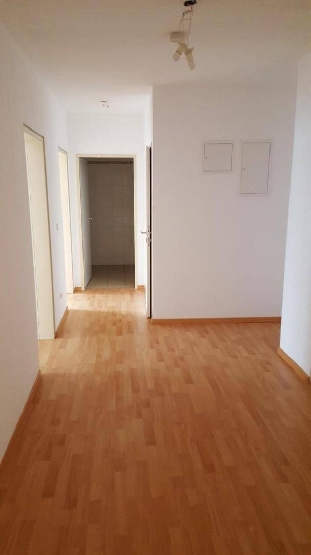 Geräumiger Flur mit hellem Parkettboden und mehreren Türen zu angrenzenden Räumen.