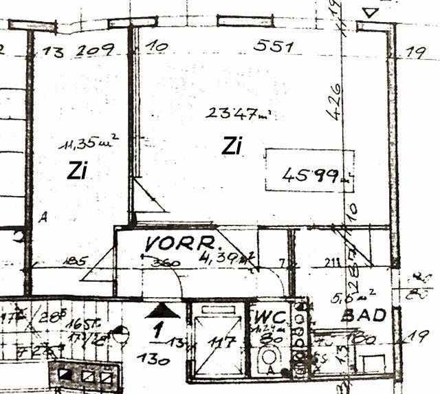 Grundriss mit Zimmern (Zi), Vorraum (Vorr.), WC und Bad, inklusive Flächenangaben.