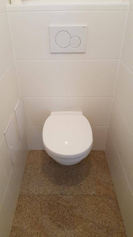 Separate Toilette mit wandhängendem WC und Spülkasten in minimalistischem Design.