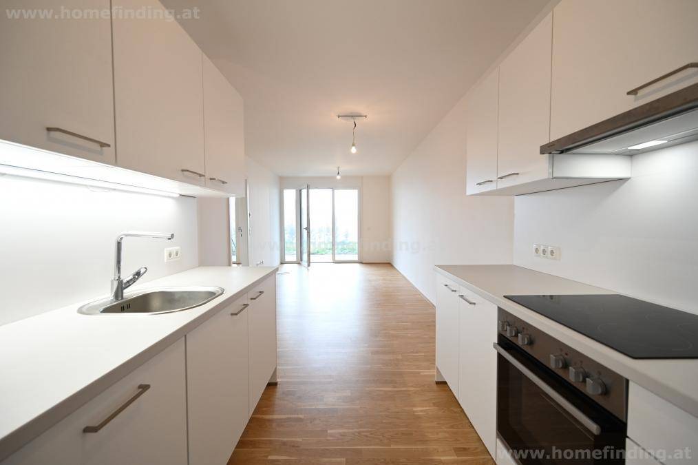 Moderne, helle Küche mit weißen Schränken und integrierten Geräten, offen zum Wohnbereich mit großen Fenstern.