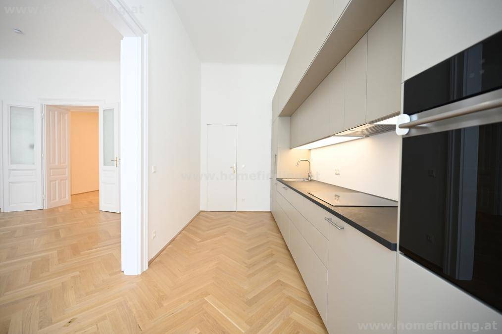 Moderne Küche mit hellgrauen Schränken, dunkler Arbeitsplatte und integrierten Geräten.