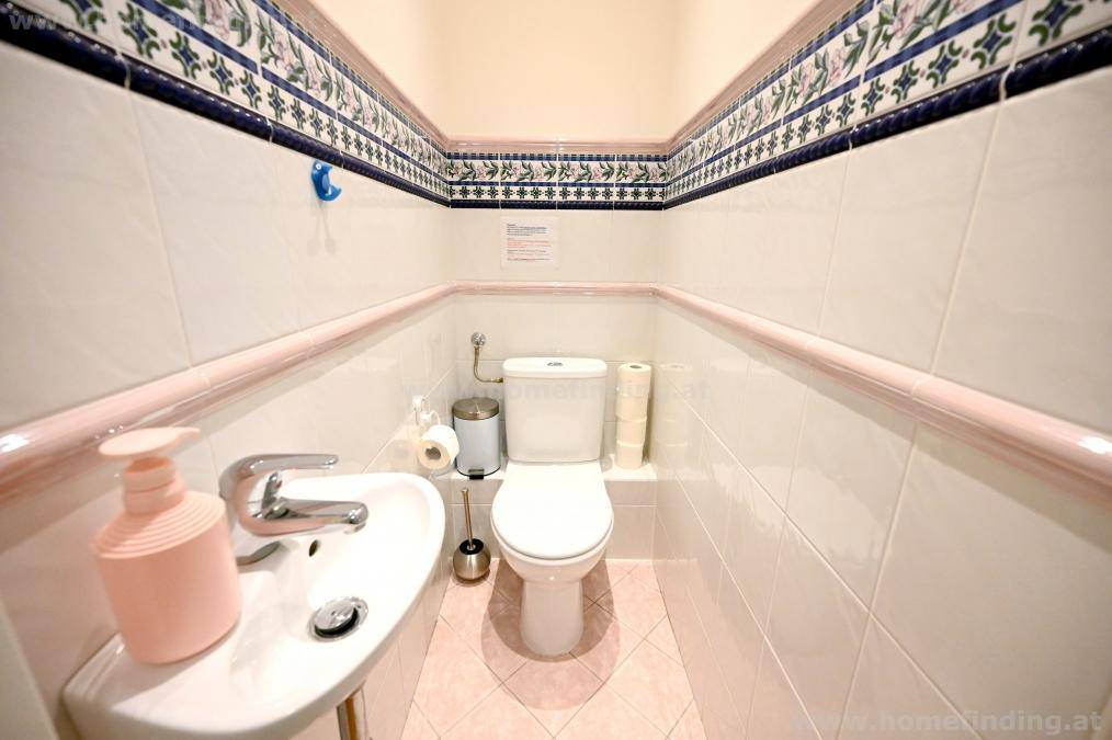 Separates WC mit Toilette, kleinem Waschbecken und dekorativen Fliesen an den Wänden.