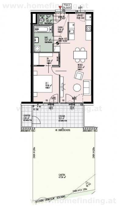 Detaillierter Grundriss der Wohnung Top 2 mit Loggia, Garten und klarer Raumaufteilung.