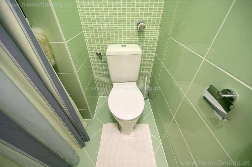 Separate Toilette mit hellgrünen Fliesen und einem Duschvorhang.