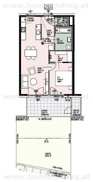 Grundriss einer Wohnung mit offenem Wohnbereich, Schlafzimmer, Bad, Loggia und privatem Garten.