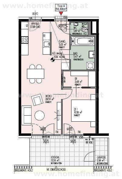 Grundriss einer Wohnung mit offenem Wohn-Essbereich, Schlafzimmer, Bad, separatem WC und Loggia.