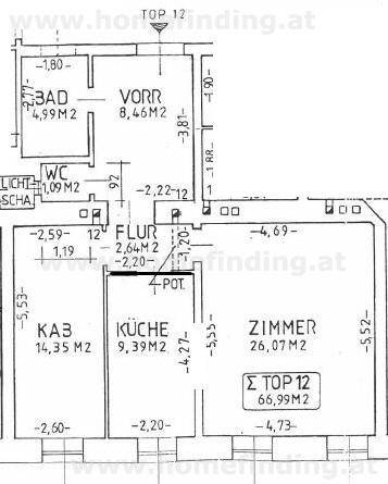 Grundriss der Wohnung mit Bad, WC, Flur, Küche und Zimmer, inklusive Flächenangaben.