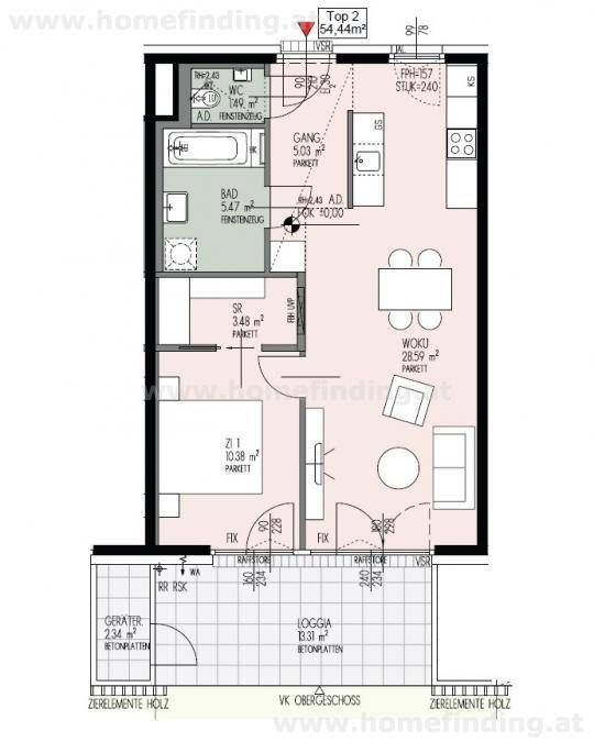 Grundriss der Wohnung Top 2 mit Loggia, Garten und offenem Wohn-Essbereich.