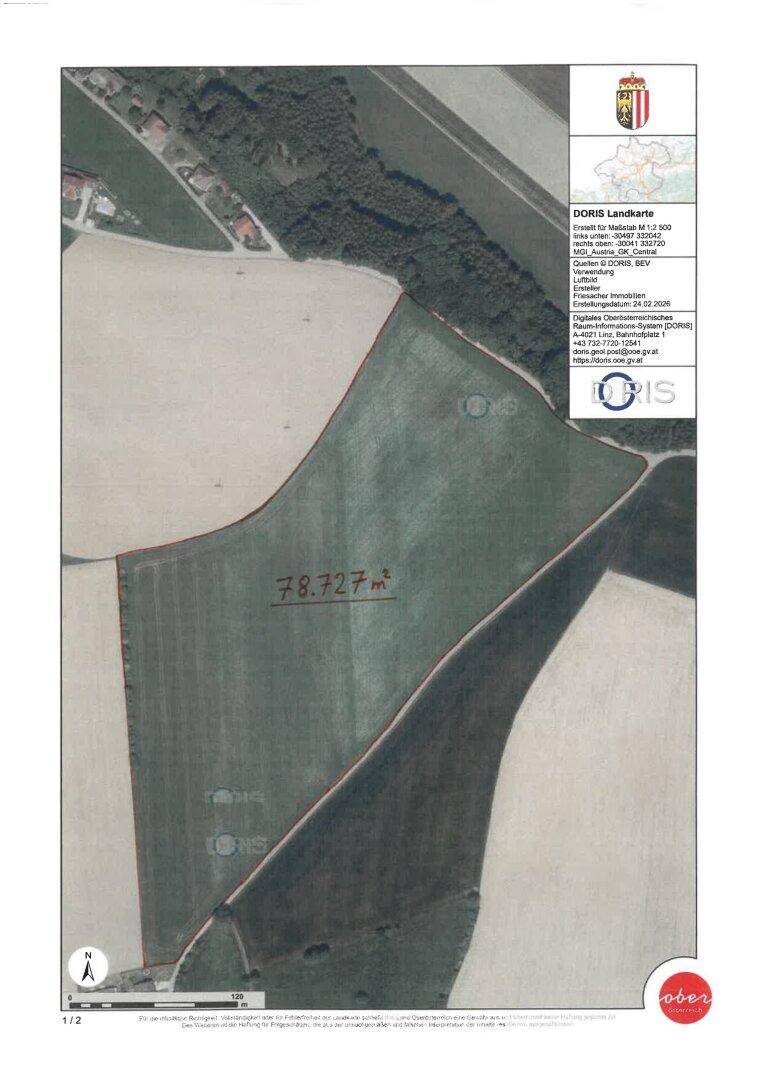 Katasterplan mit Luftbildansicht und Flächenangabe des Grundstücks von 78.727 m².