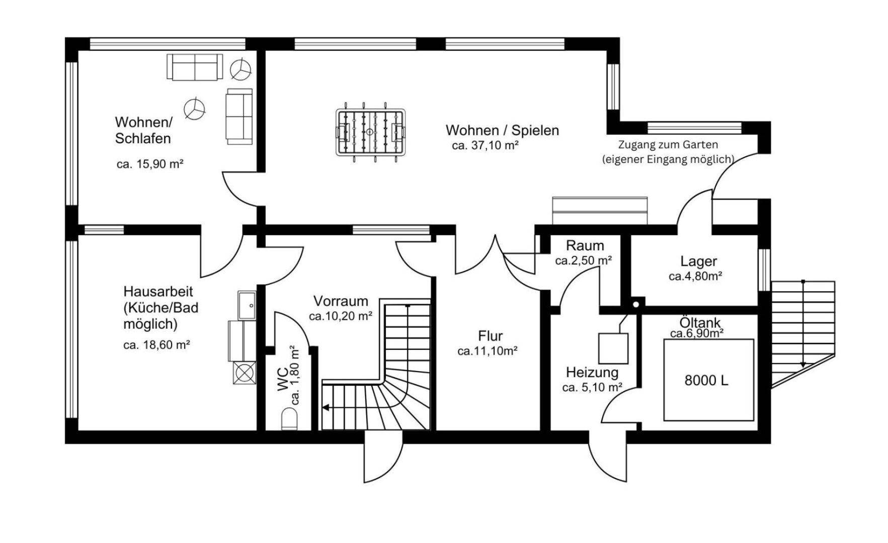 Grundriss des Untergeschosses mit großem Wohn-/Spielbereich, Hauswirtschaftsraum, WC und Zugang zum Garten.
