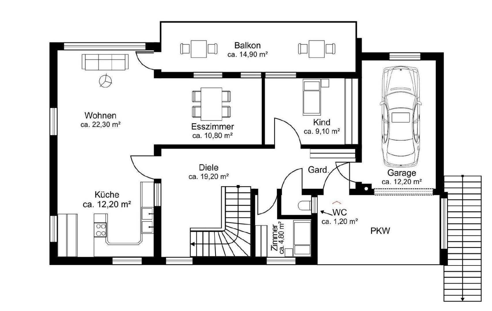 Grundriss des Erdgeschosses mit Wohn-, Ess- und Küchenbereich, Kinderzimmer, WC, Balkon und integrierter Garage.