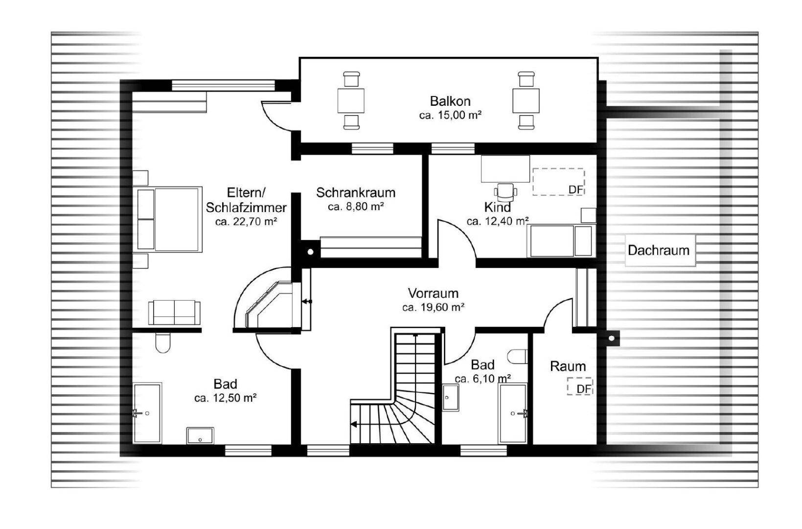 Grundriss des Obergeschosses mit Elternschlafzimmer, zwei Bädern, Kinderzimmer, Schrankraum und Balkon.
