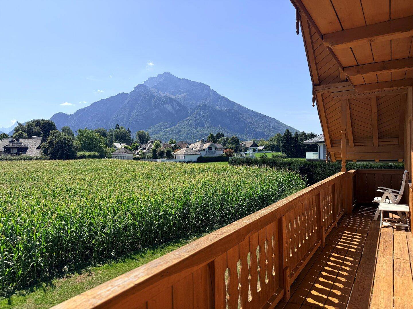 Großer Holzbalkon mit Bergblick und weitem Blick über grüne Felder unter blauem Himmel.