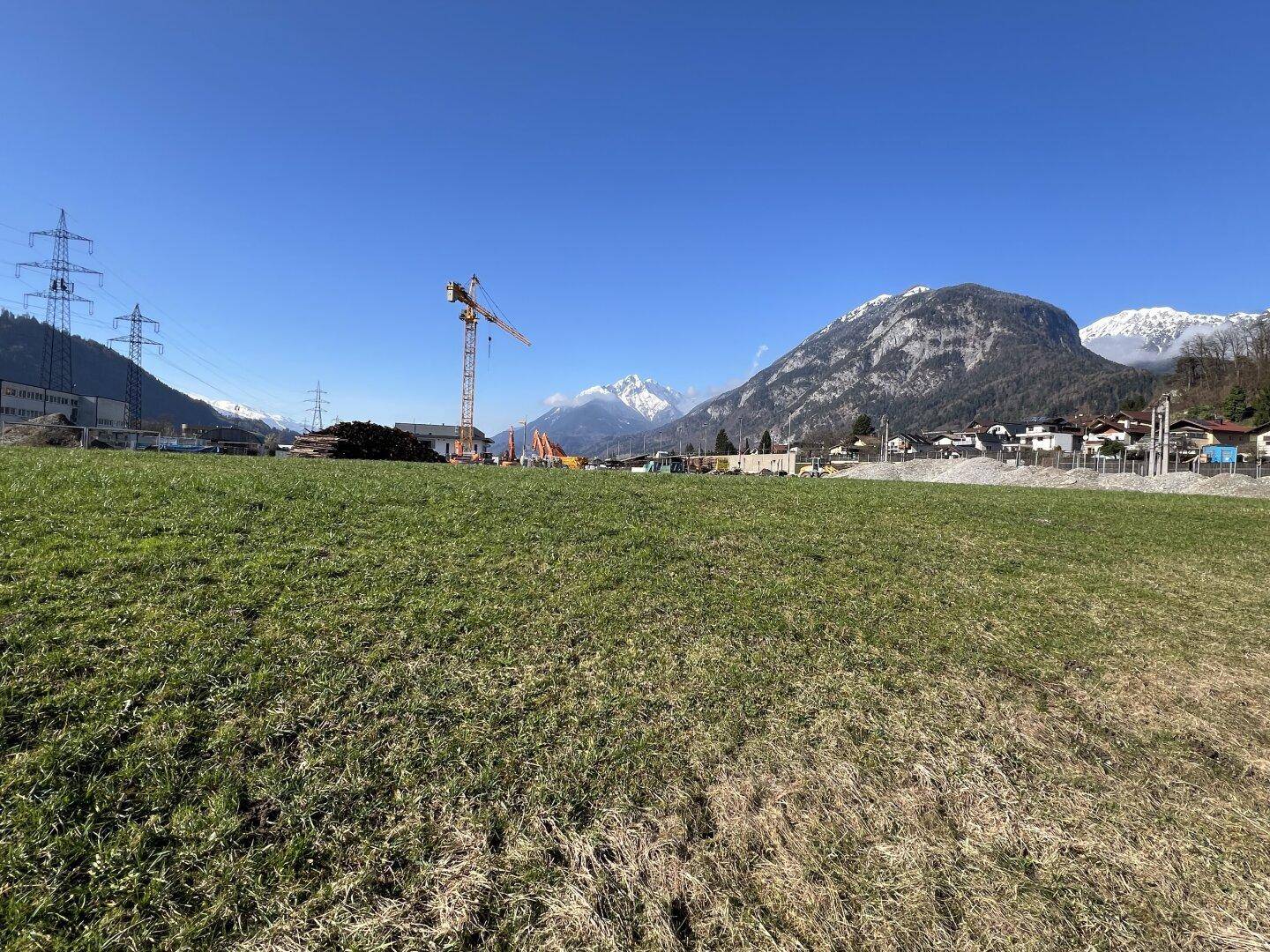 Panoramablick über ein grünes Feld mit schneebedeckten Bergen, Strommasten und einem Baukran am Horizont.