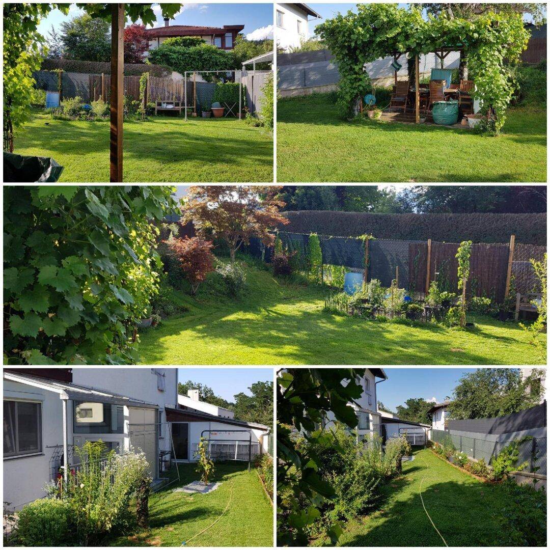 Weitläufiger Garten mit Rasenflächen, üppiger Bepflanzung und einer überdachten Sitzecke.