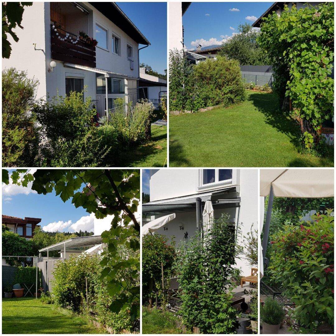 Verschiedene Ansichten des gepflegten Gartens mit Rasenflächen und üppiger Bepflanzung.