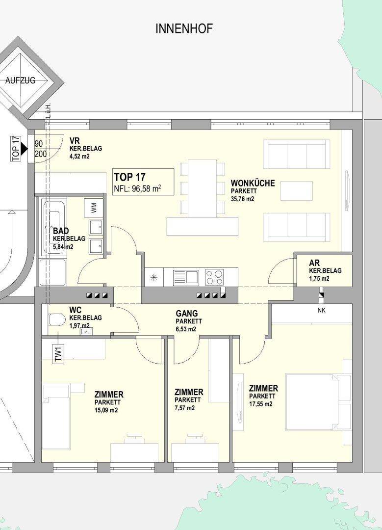 Detaillierter Grundriss einer Wohnung mit drei Zimmern, Wohnküche und Aufzugzugang.