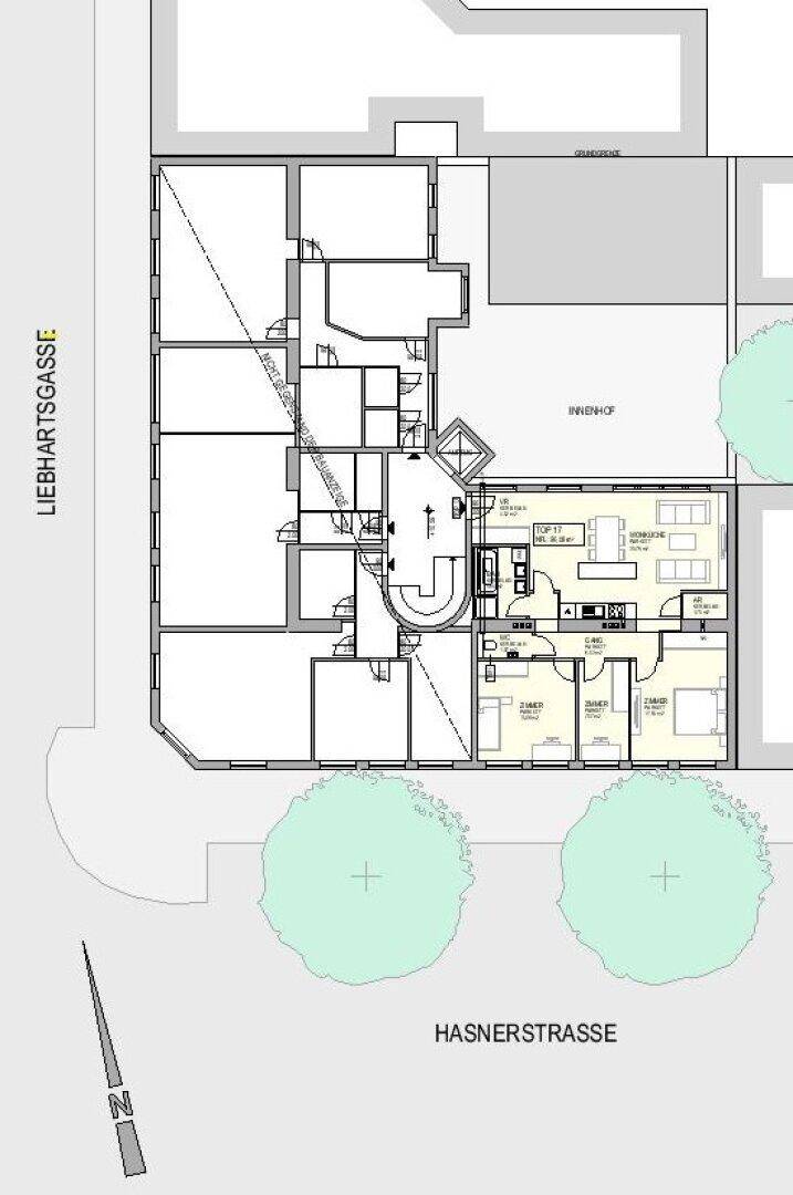 Gesamtgrundriss des Gebäudes mit Lage der Wohnung und umliegenden Straßen.