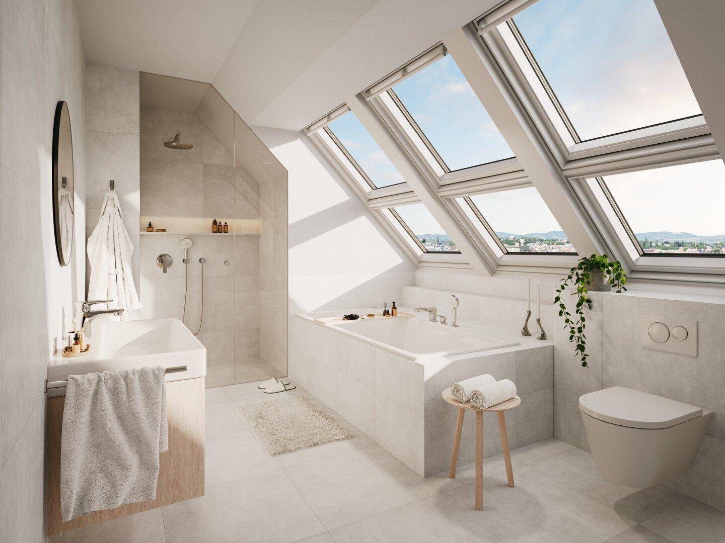 Modernes Badezimmer mit Badewanne, begehbarer Dusche und mehreren Dachfenstern für viel Tageslicht.
