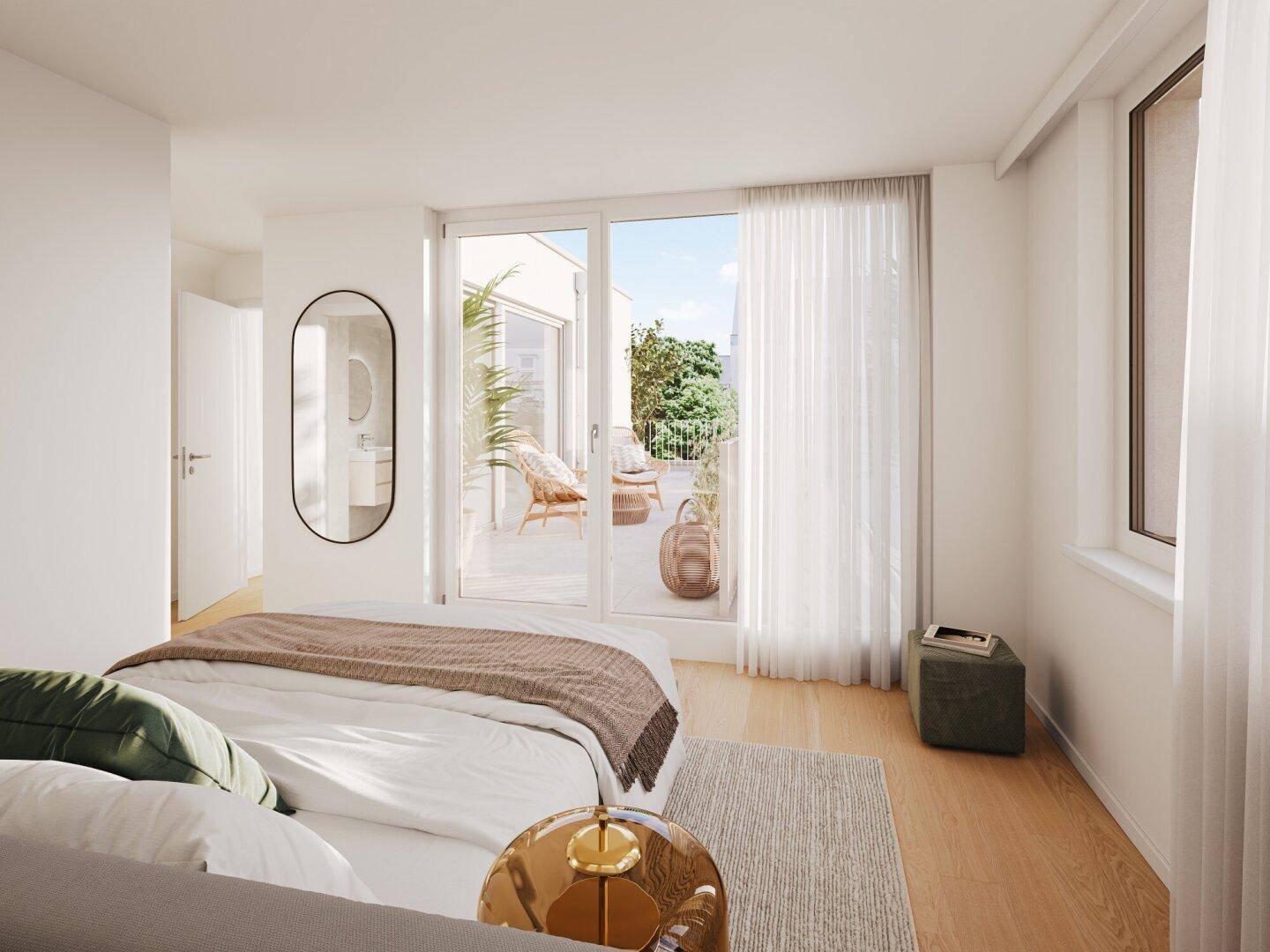 Helles Schlafzimmer mit Holzboden und direktem Zugang zu einer privaten Terrasse.