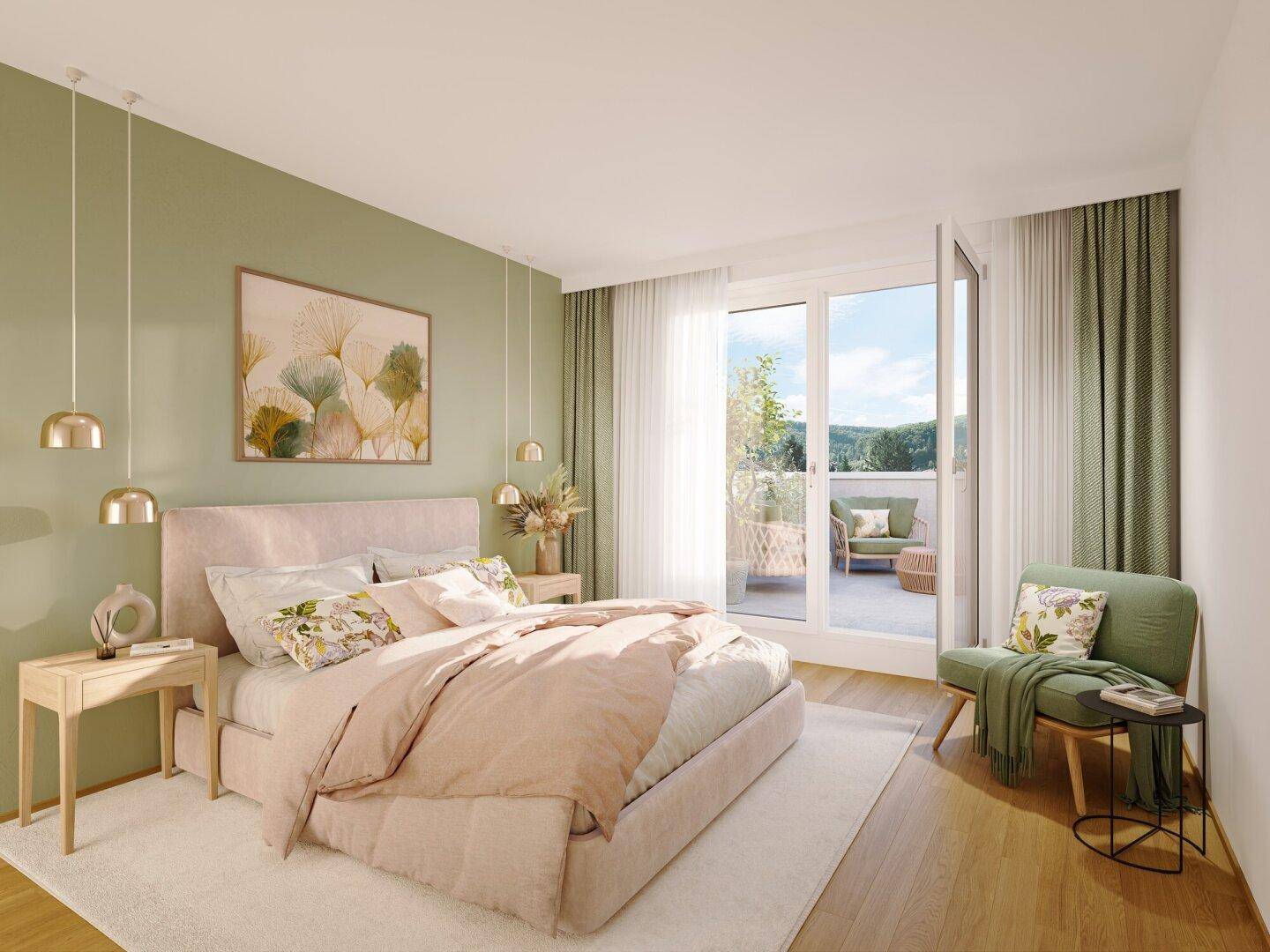 Gemütliches Schlafzimmer mit pastellfarbenen Akzenten, Holzboden und Balkonzugang.