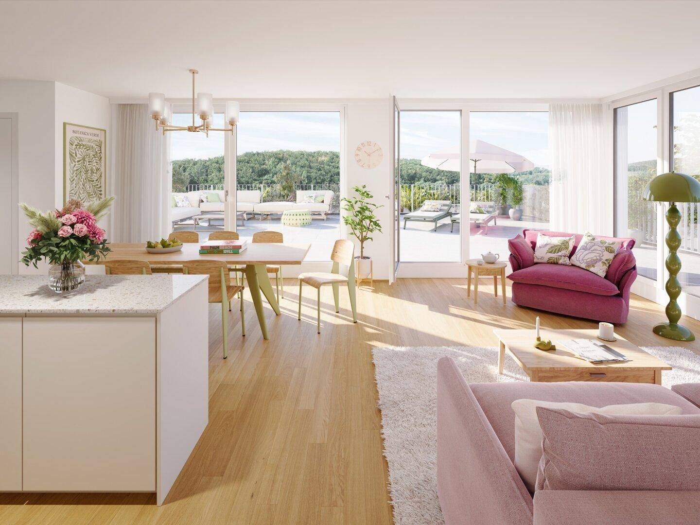 Heller, offener Wohn-Essbereich mit Holzboden und Zugang zu einer großen Dachterrasse.
