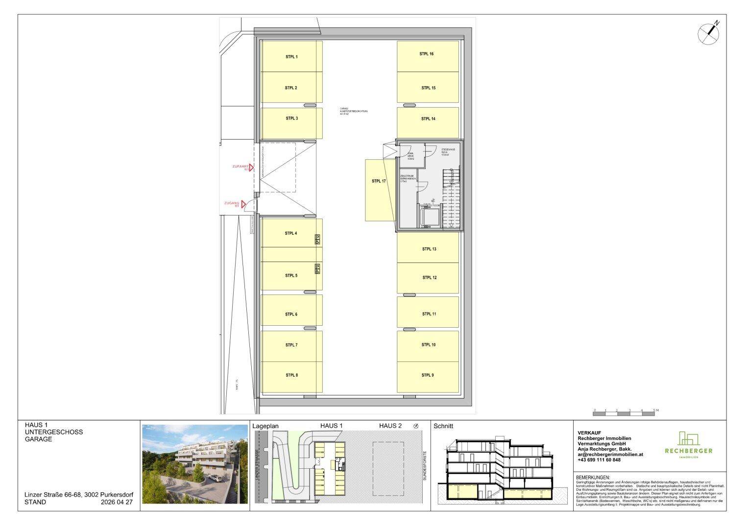 Grundriss des Untergeschosses mit Tiefgaragenstellplätzen für mehrere Fahrzeuge.