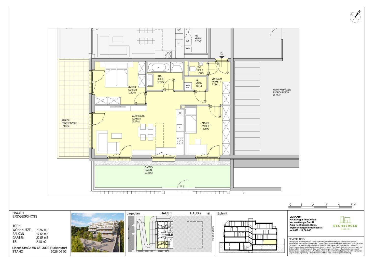 Grundriss einer Wohnung im Erdgeschoss mit offenem Wohnbereich, zwei Schlafzimmern und Garten.