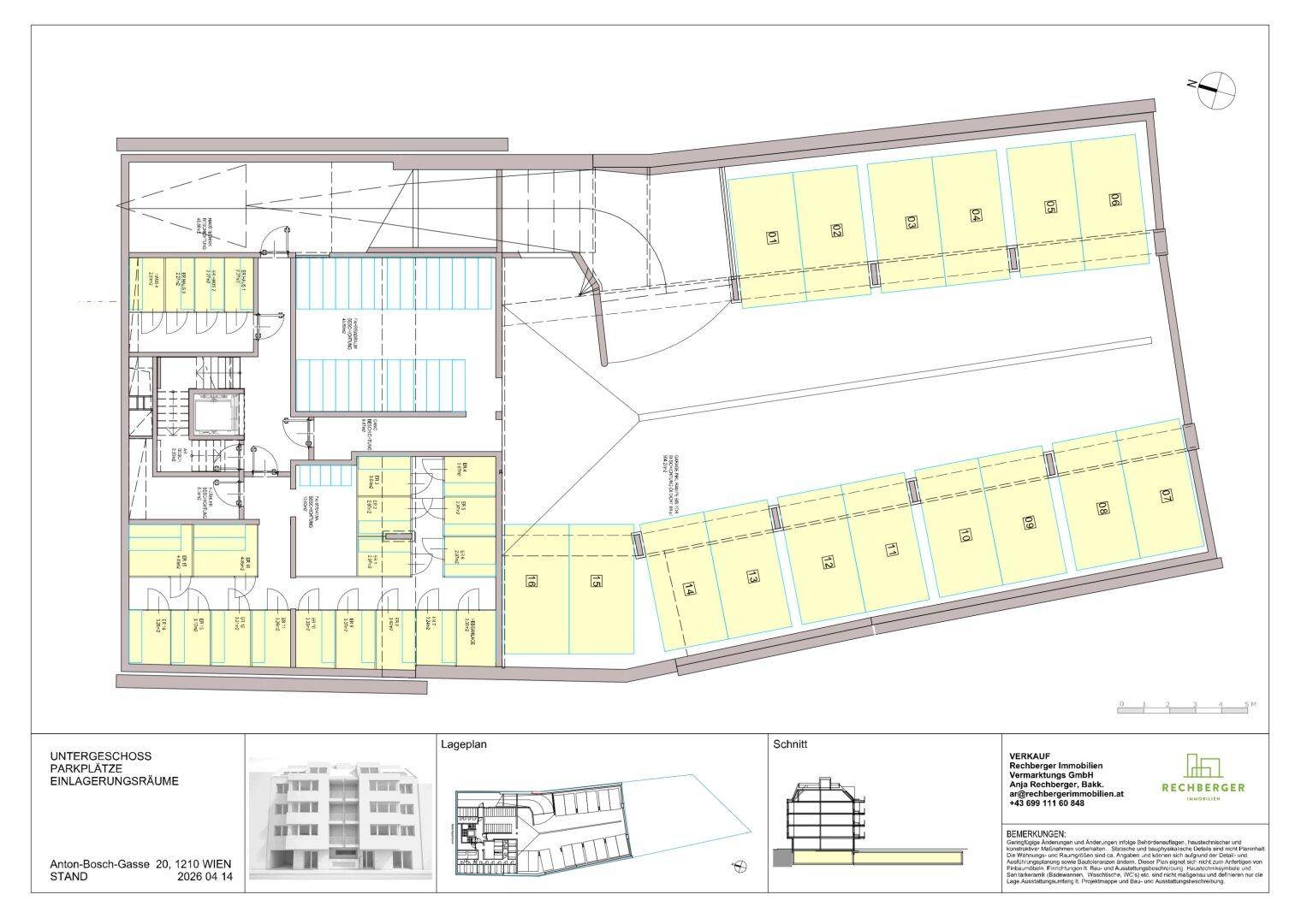 Grundriss des Untergeschosses mit Tiefgarage und Abstellräumen für die Bewohner.