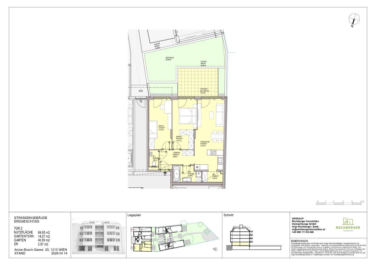 Grundriss einer Erdgeschosswohnung mit Garten, Terrasse und zwei Bädern.