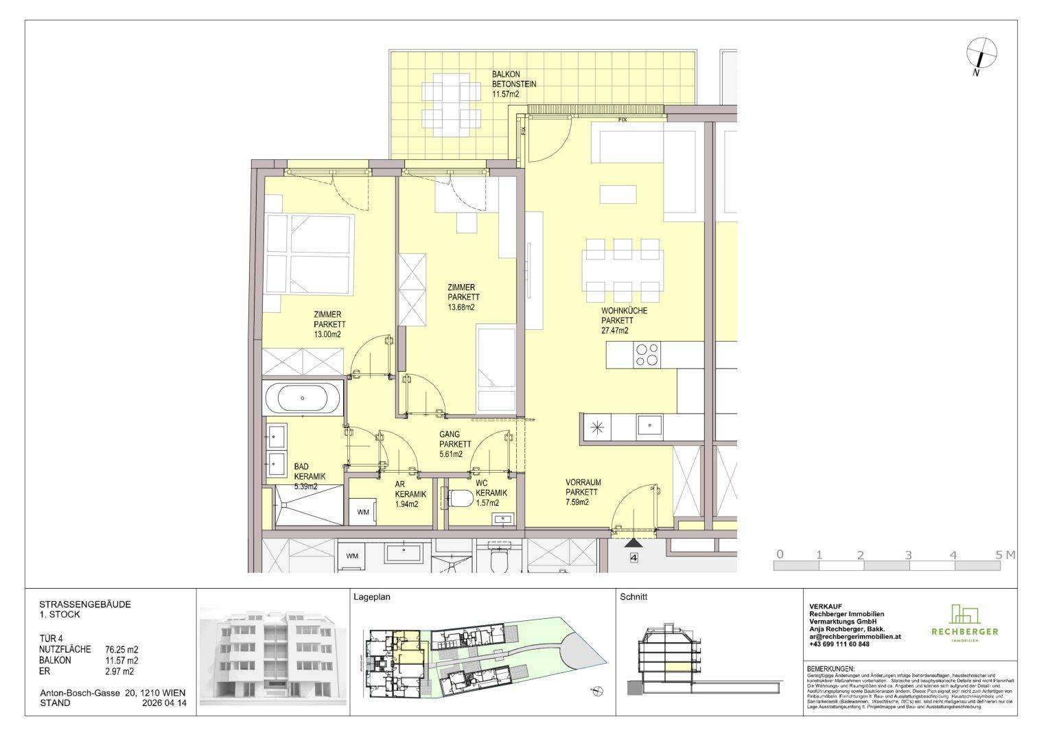 Grundriss einer Wohnung im 1. Stock mit Balkon, zwei Schlafzimmern und offenem Wohnbereich.