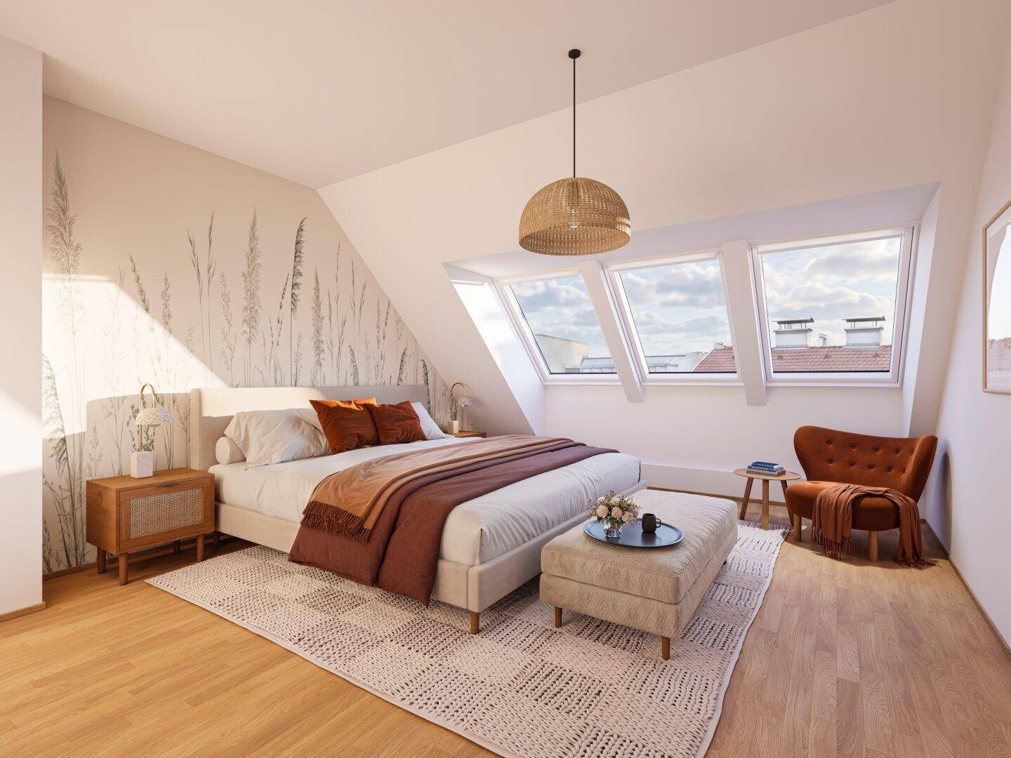 Gemütliches Schlafzimmer im Dachgeschoss mit schrägen Wänden und Dachfenstern.
