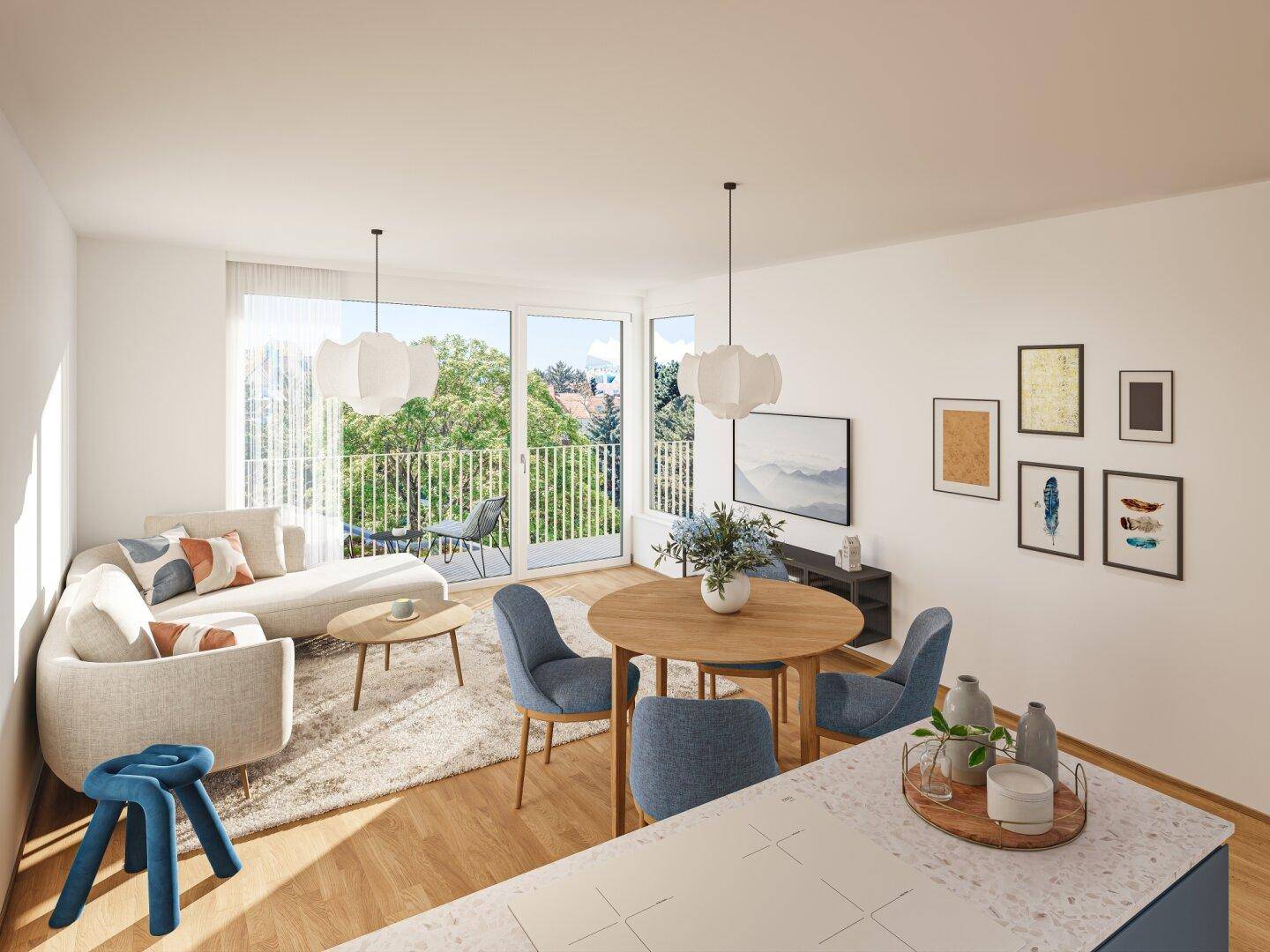 Helles Wohn-Esszimmer mit Holzboden, modernem Mobiliar und Zugang zu einem sonnigen Balkon.