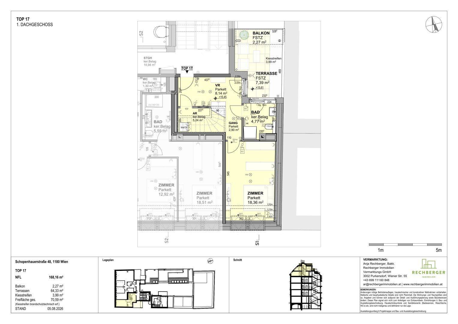 Grundriss des ersten Dachgeschosses mit Schlafzimmern, Bad, separatem WC, Balkon und Terrasse.