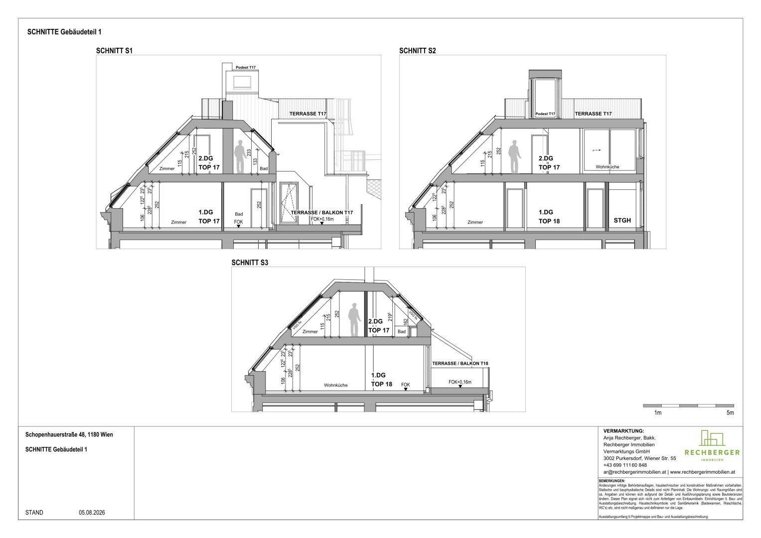 Architektonische Schnitte des Gebäudes zeigen die mehrstöckige Struktur und Dachschrägen.